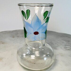 Vintage‎ Hand-Painted Clear Glass Bud Vase Blue & Green Floral Design Gold trim